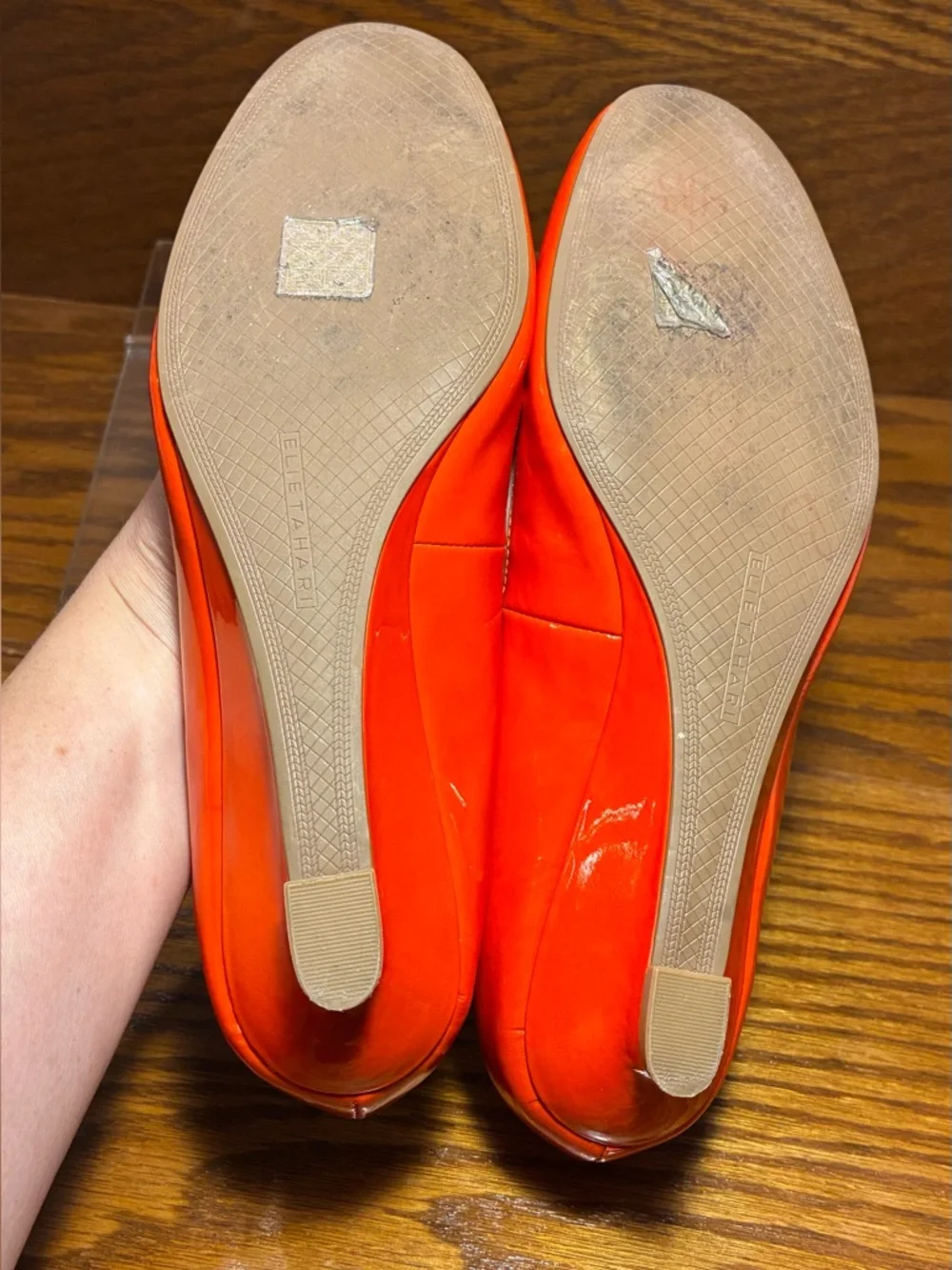 ELIE TAHARI Orange Patent Leather Scalloped Collar Demi Wedge Heels EU 37.5 US 7